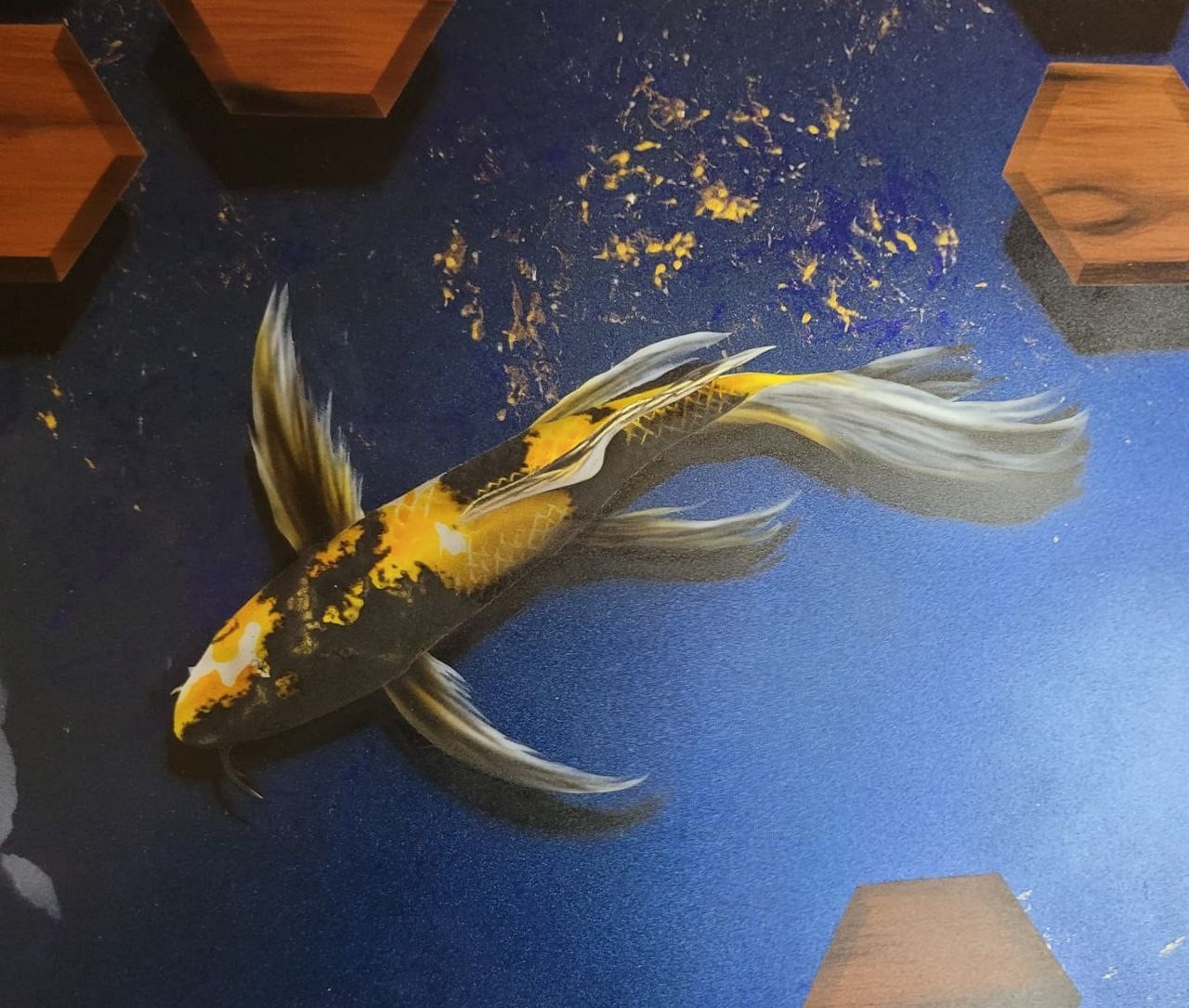 Airbrushed Painting of Koi Fish on Blue Background in Gold and Black Butterfly Koi